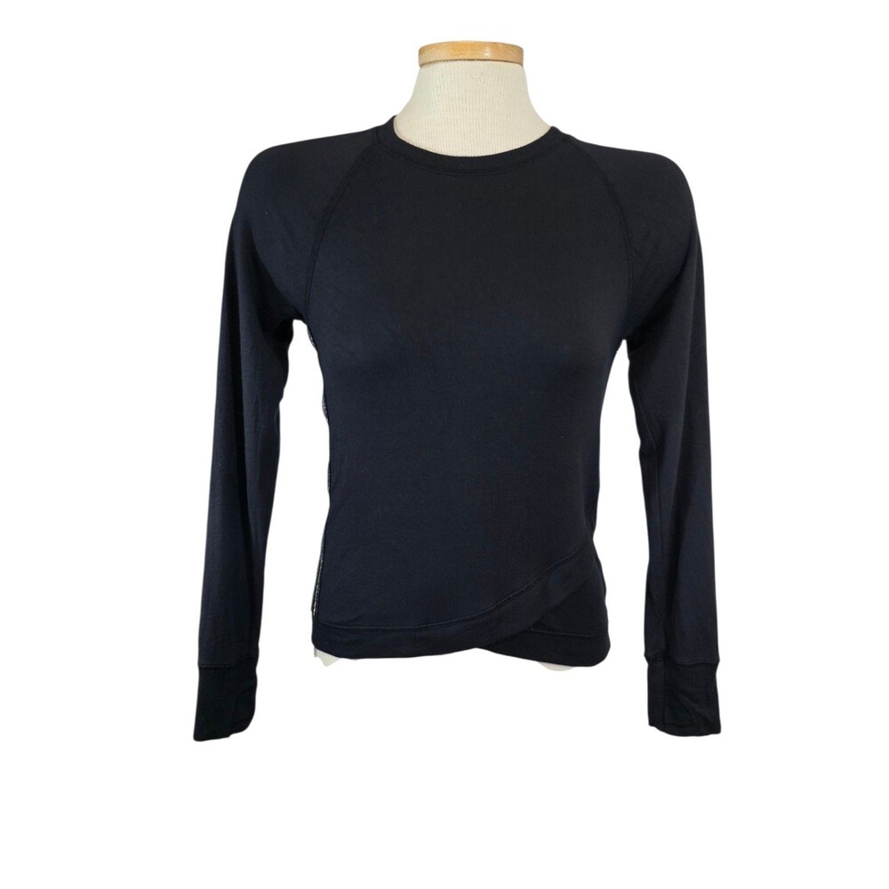 Athleta Girl Top Large 12 Black Pullover Sweatshirt Cross Front Gold Side Stripe